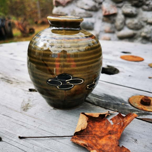 Vintage Abstract Floral Striped Pottery Vase - Picture 2 of 14